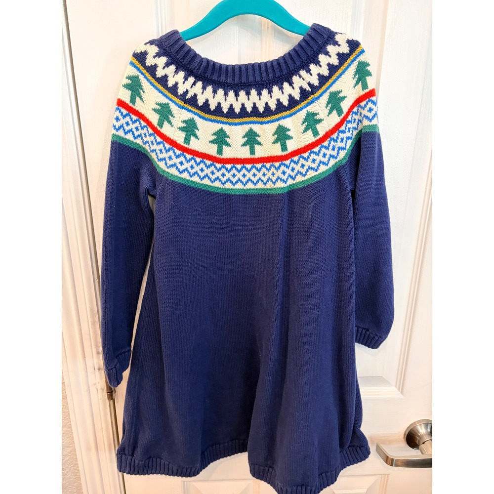 Hanna Andersson Sweater Dress Navy Blue Fair Isle Pine Tree Holiday Winter Kids